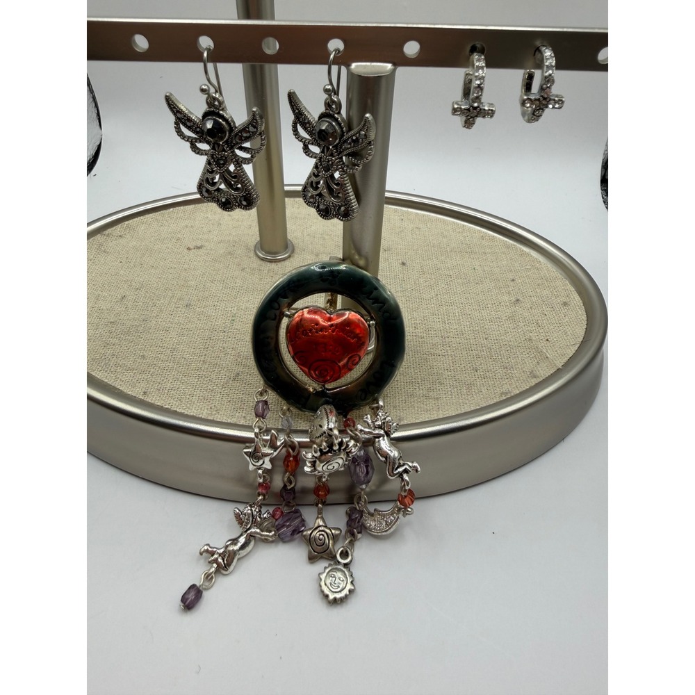 Unique Angel Heart Charm Pendant Earrings‎ Dangle Beads Crystals Celestial Cross